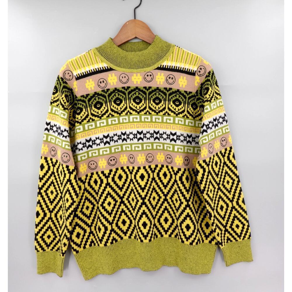 LOGO Lori Goldstein Smiley World Sweater Medium Yellow Fair Isle Christmas